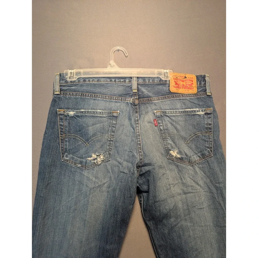 Levis 511 Slim Fit Jeans Mens 33x32 Blue Distressed Denim 045111659 Mid Rise